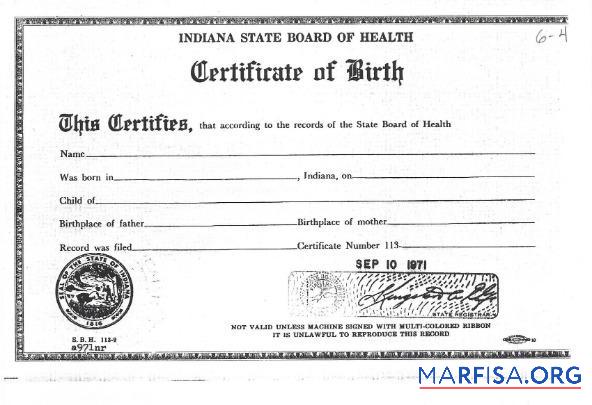 Downloadable USA Indiana board of health death certificate example